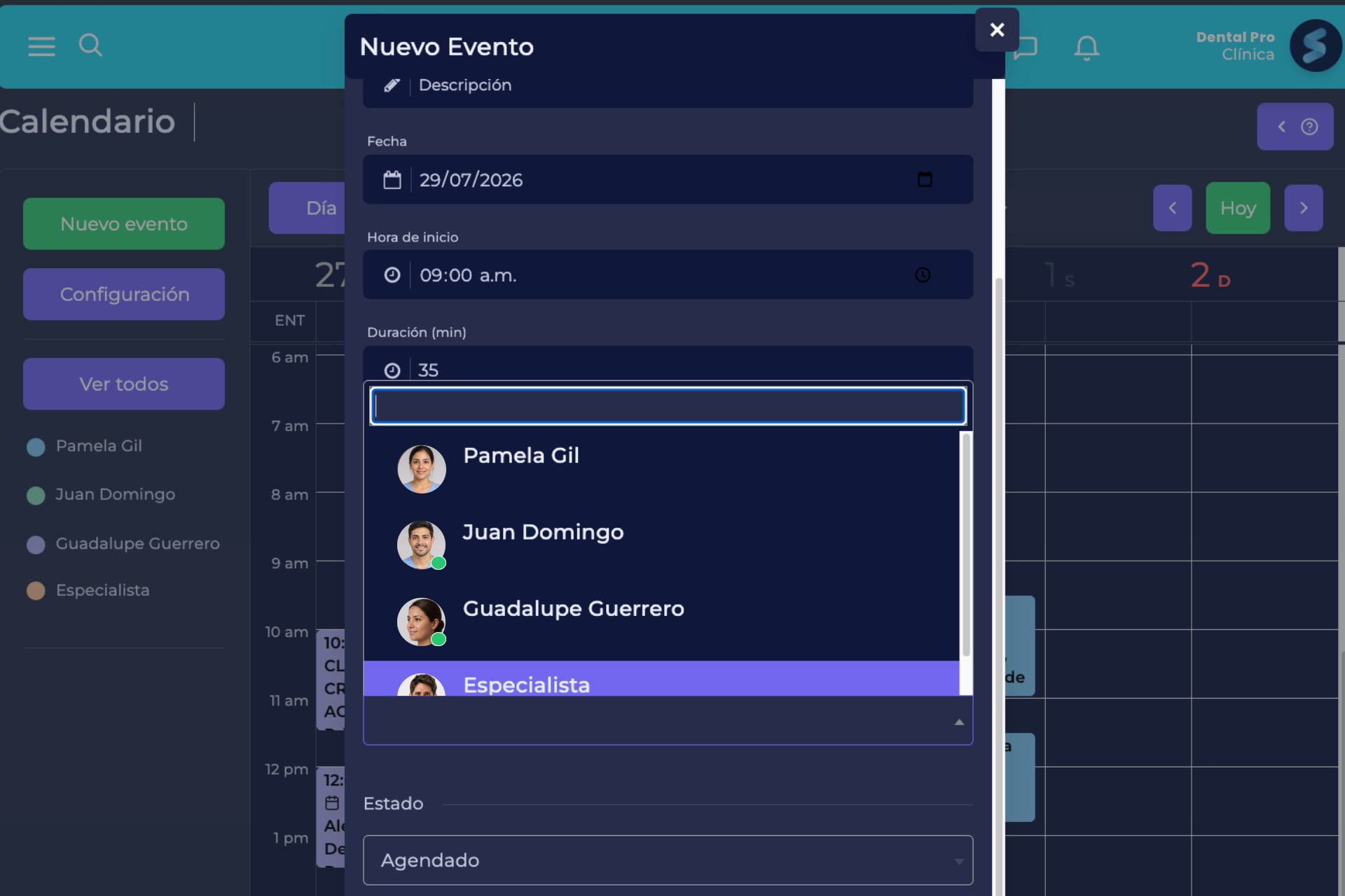 Vista de la agenda de Sunnu