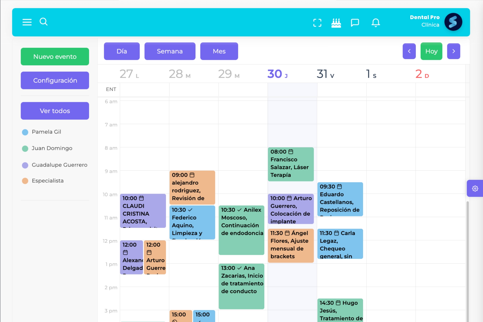 Vista de la agenda de Sunnu para recepción