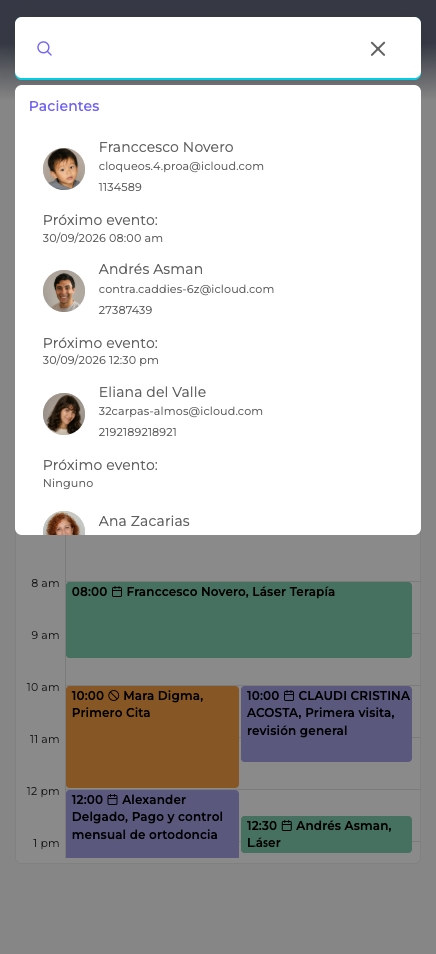 Búsqueda de pacientes en Sunnu con contacto y próxima cita de cada uno