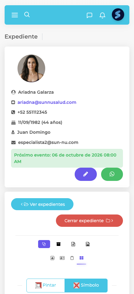 Expediente de un paciente en Sunnu desde el celular: contacto, próxima cita y acceso al odontograma