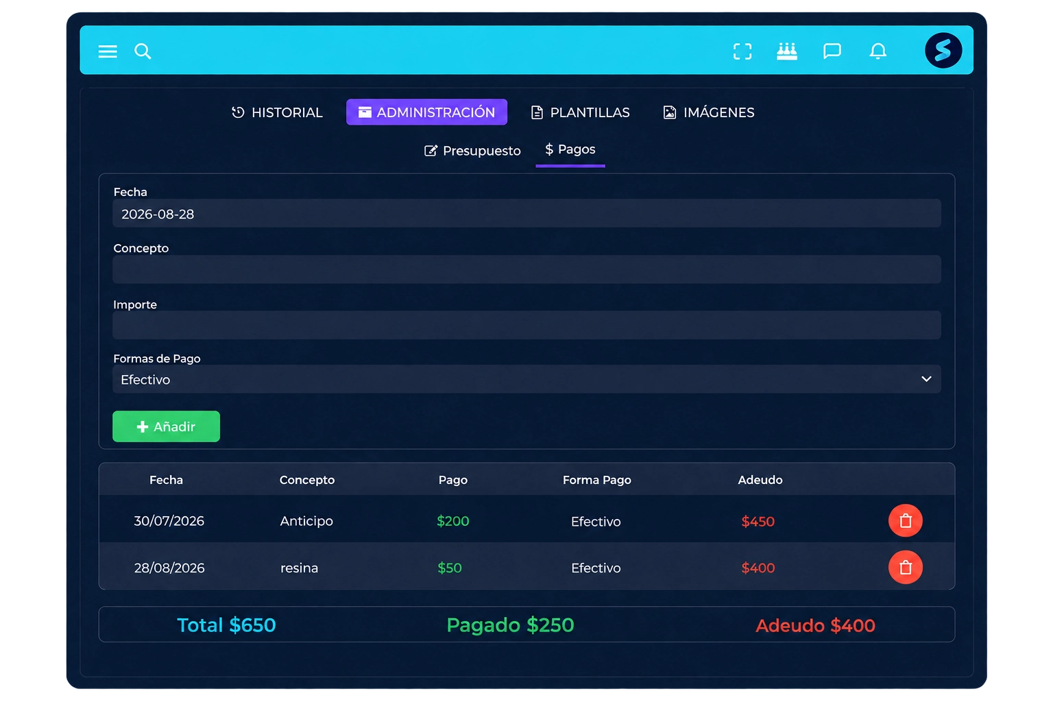Pantalla de Sunnu para registrar pagos y consultar saldos pendientes