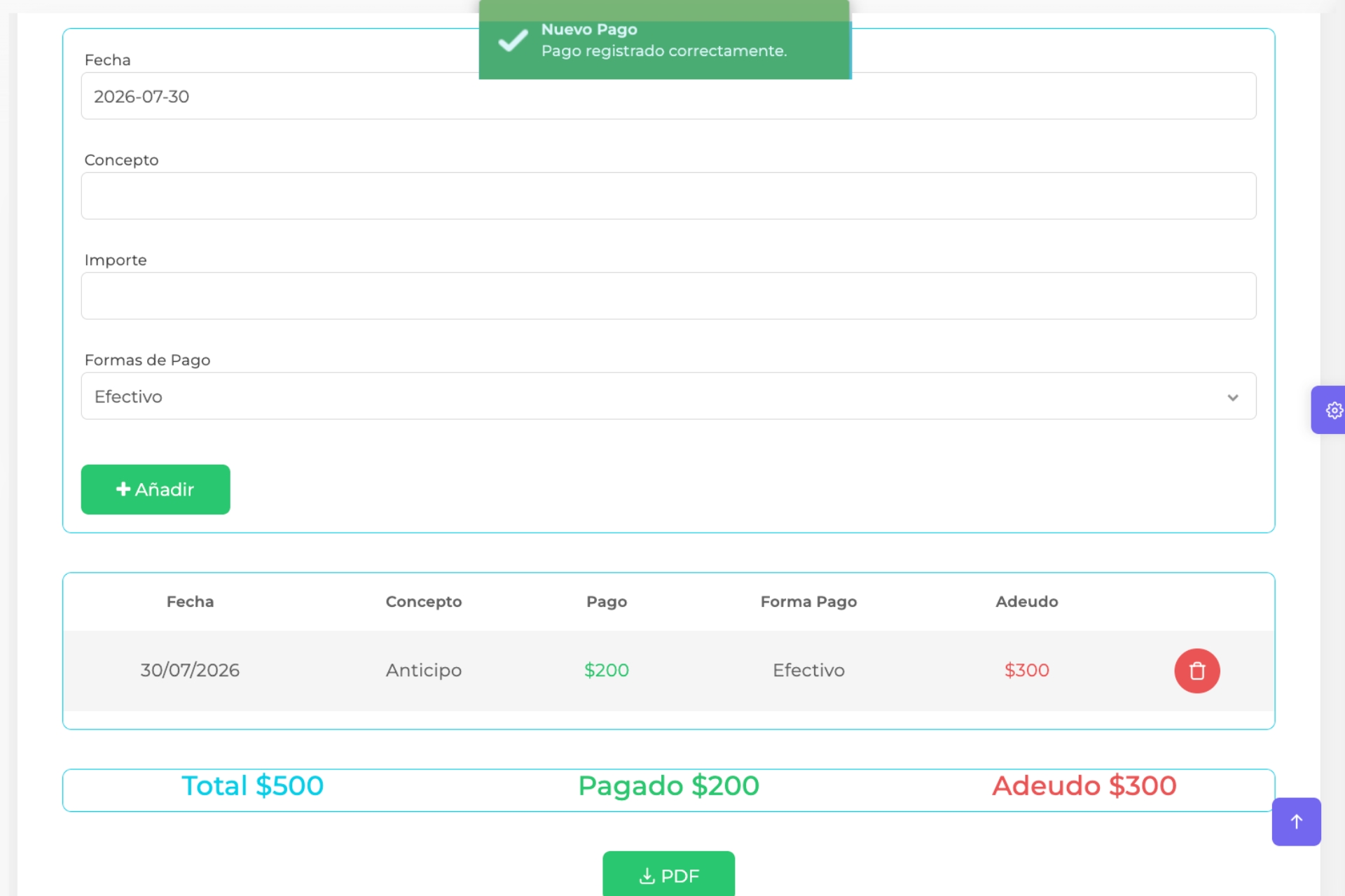 Registro de un nuevo pago en Sunnu con fecha, concepto, importe y forma de pago, y el resumen de total, pagado y adeudo