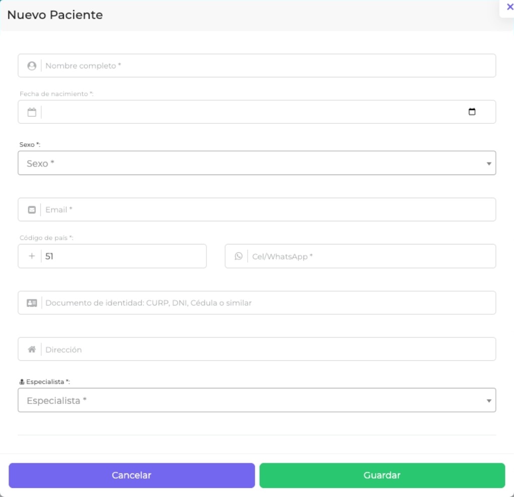 Formulario Nuevo paciente de Sunnu con nombre, fecha de nacimiento, email, WhatsApp, documento, dirección y especialista